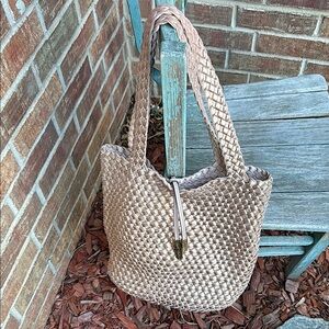Calvin Klein Rose Gold & Light Camel Woven Reversible Tote/Purse Bag